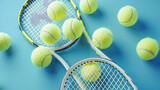 Holiday sport composition with yellow tennis balls and racket on a blue background