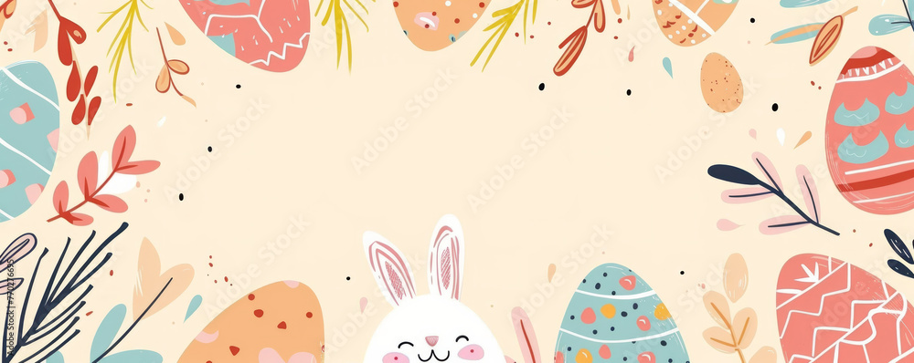 Happy Easter background with cute hand drawn eggs, bunny and abstract shapes on a pastel background Happy Easter background with cute hand drawn eggs, bunny and abstract shapes on a pastel background