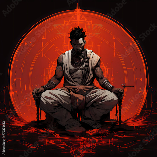 A powerful illustration of a hero sitting in a circle with his arms raised, capturing a moment of triumph and strength, blending dynamic composition, Created using generative AI tools