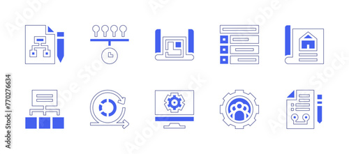 Project icon set. Duotone style line stroke and bold. Vector illustration. Containing project management, sprint, project plan, project, timeline, architecture, property. © Huticon