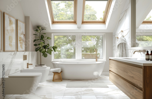 A minimalist bathroom with white marble tiles, large skylights, and an elegant freestanding bathtub under natural light © Kien