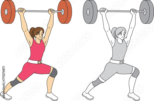 ウェイトリフティングをしている女性選手のイラストセット／Illustration set of female athletes doing weightlifting