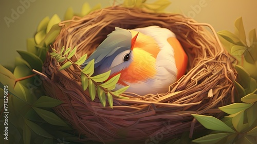 A cozy fat 3DCG bird napping in a nest too small photo