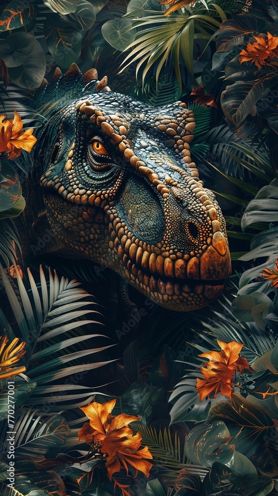 Fototapeta premium A prehistoric themed wallpaper with dinosaurs and tropical plants