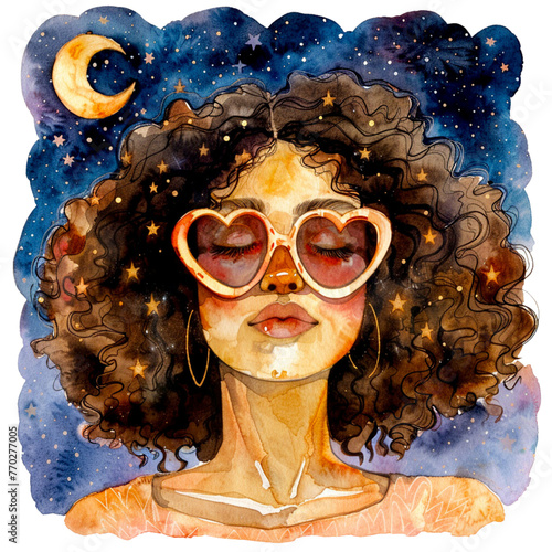 Curly Girl in Heart Shaped Glasses under the Galaxy Moon © SSantana