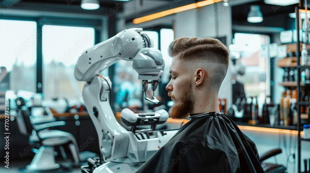 Futuristic robotic barber cutting man's hair in high-tech salon, showcasing precision and automation in the service industry. The modern robot arm carefully grooms the client. Futuristic robotic barber cutting man's hair in high-tech salon, showcasing precision and automation in the service industry. The modern robot arm carefully grooms the client.