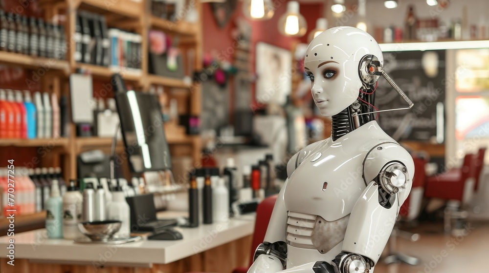 A humanoid robot stylist stands in a trendy hair salon, its sleek white exterior and precise mechanical components reflecting the cutting-edge AI technology revolutionizing the beauty industry.