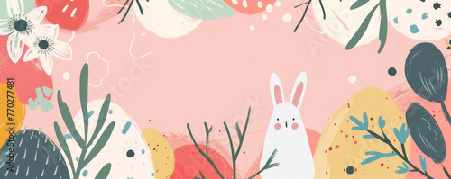 Happy Easter background with cute hand drawn eggs  bunny and abstract shapes on a pastel background