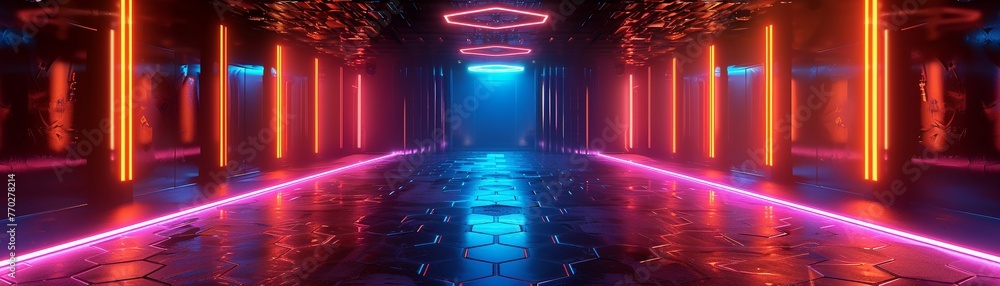 A neon lit hexagon floor casting a pulsating glow throughout the futuristic club