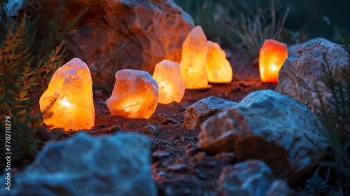 Evening setting showcasing several Himalayan salt lamps illuminated on rocky terrain, creating a mystical atmosphere