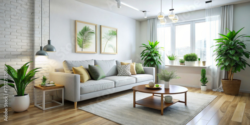 Bright and cozy modern living room interior have sofa and plant with white wall © James