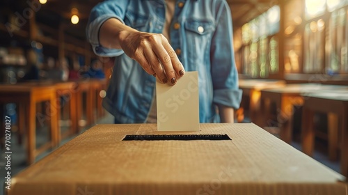 With a swift gesture, the person inserts the ballot into the wooden ballot box