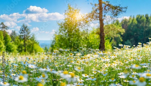 Beautiful blurred spring background nature with blooming glade chamomile, trees and blue sky on a sunny day, Ai Generate