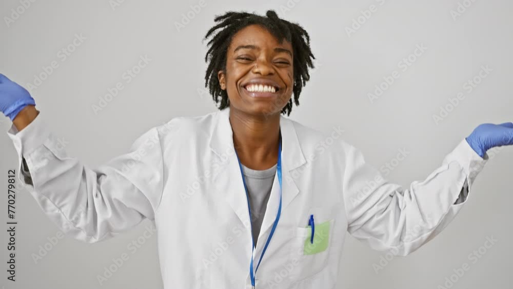 Excited young black woman with dreadlocks in labcoat celebrates big win; yes! triumph and joy light up her face against an isolated white background Excited young black woman with dreadlocks in labcoat celebrates big win; yes! triumph and joy light up her face against an isolated white background
