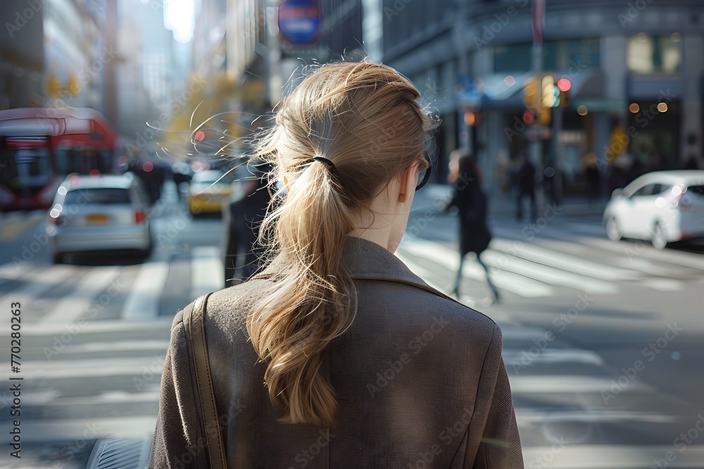 Fototapeta premium Pensive Professional Navigating City Crosswalk During Busy Rush Hour Commute