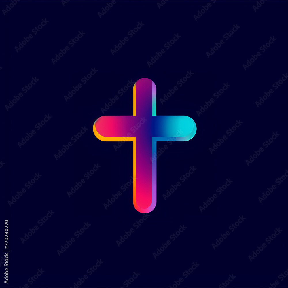 Obraz premium 십자가의 벡터 그래픽 로고, 단순한 최소한의, 작고, 역동적이고, 희망적인, 사이키델릭 컬러 그라데이션.