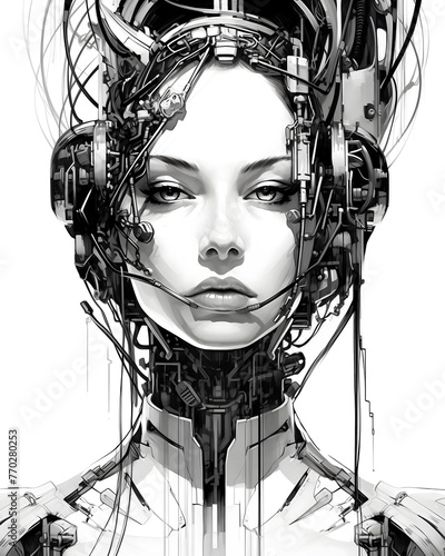 black and white drawing, depicting a woman adorned in a futuristic robotic suit. Crafted with the assistance of cutting-edge artificial intelligence technology (AI)