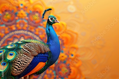 A peacock stands in front of a colorful background