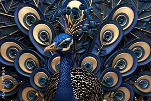 A peacock is standing in front of a blue and gold background