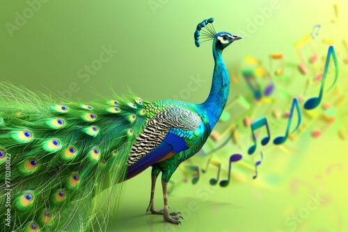A peacock stands in front of a green background with musical notes