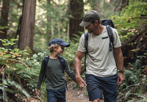 A photo of an adult man and his son, both wearing hiking gear, walking along the trail in Stanley Park's trails on a beautiful summer day. © Kien