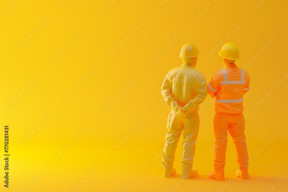 Engineer in orange and safety gear stand next to each other Engineer in orange and safety gear stand next to each other