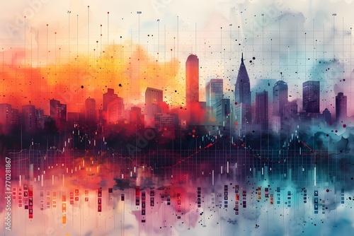 Conceptual Watercolor Cityscape Embodying the Essence of Big Data and Trading