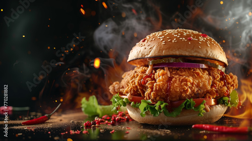 a fried chicken sandwich and pizza on wood background with smoke soaring in the background
