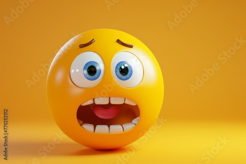 A yellow face with big eyes and a mouth open in a cartoonish style