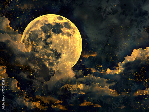 illustration of golden moon and clouds on black background