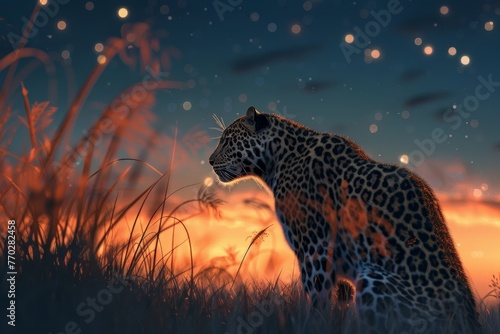 A leopard is standing in a field of tall grass