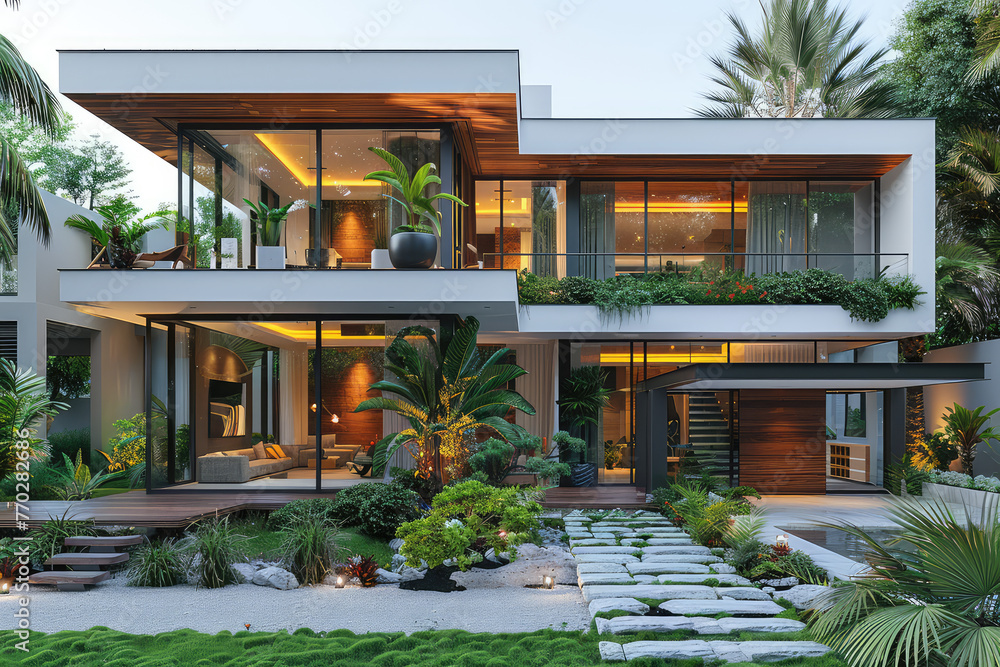 Modern house with greenery and garden, tropical style architecture. Created with Ai