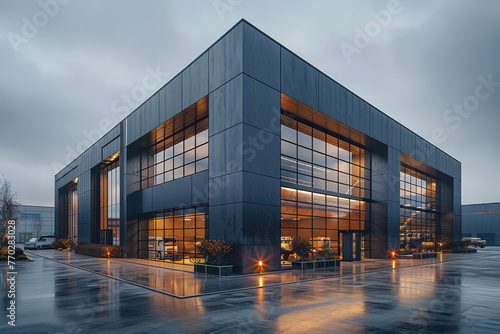 A large modern factory building with dark grey metal cladding and glass windows. The exterior is illuminated by warm light from the interior. Created with Ai