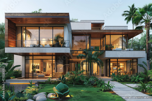 Modern two-story villa, exterior design rendering of the modern house with large glass windows and green plants in the front yard, balcony terrace on the first floor. Created with Ai