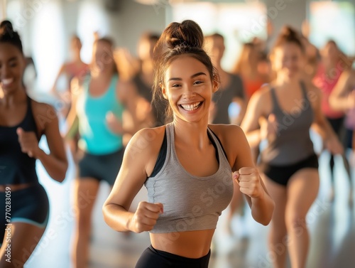 Young woman smiling while participating in a group fitness class, representing vitality and health.