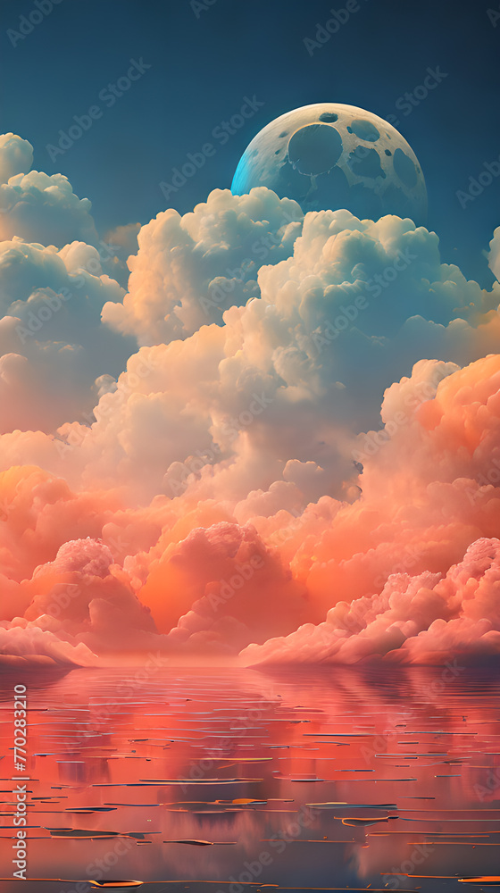 Orange Color cloud sky landscape in digital art style with moon wallpaper - obrazy, fototapety, plakaty 