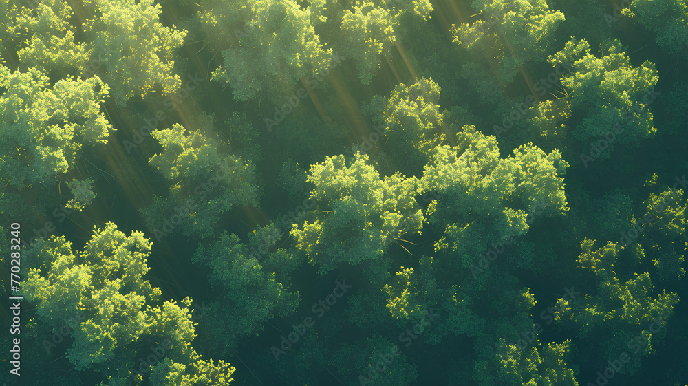 top view of forest, daytime sunlight, anime style background - obrazy, fototapety, plakaty 