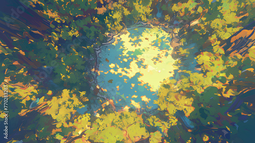 top view of forest, daytime sunlight, anime style background © Adja Atmaja