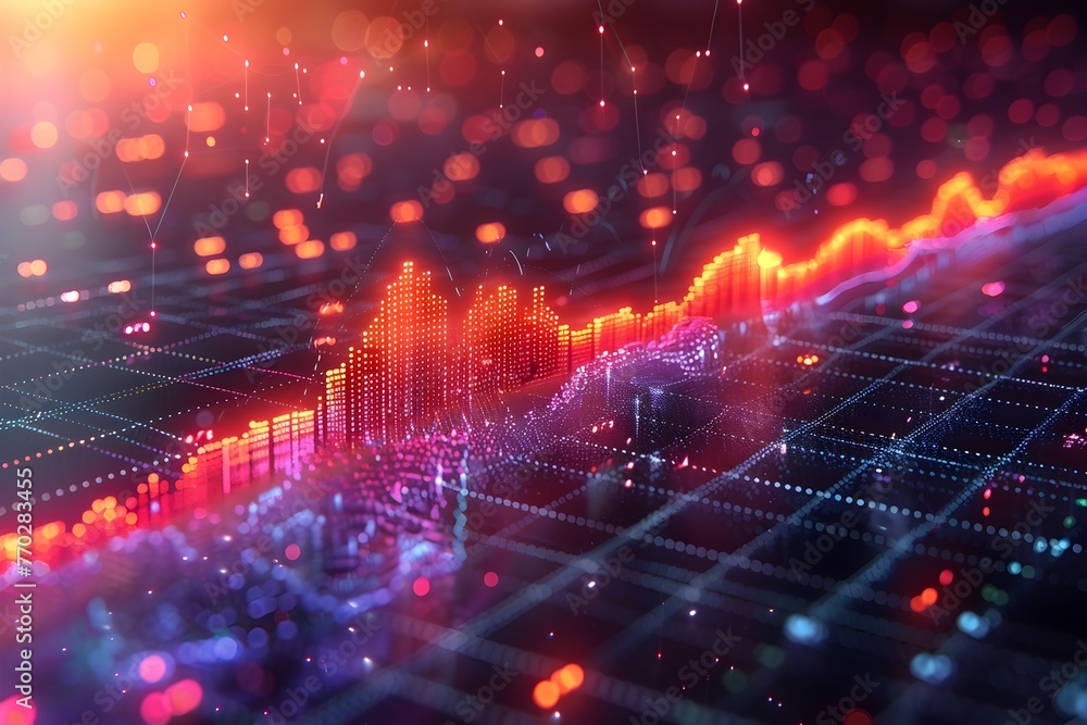Obraz premium Pulsating Fintech Data Visualization with Luminous Candle Chart and Chromatic Geometric Patterns
