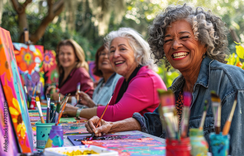 Fototapeta Naklejka Na Ścianę i Meble -  happy senior women having fun painting at an outdoor art class in the garden of their community, summer time