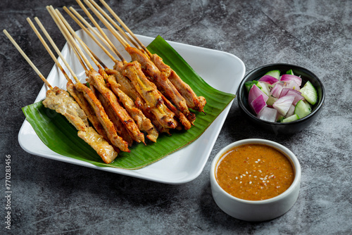 Pork satay with peanut sauce or sweet and sour sauce, Thai food