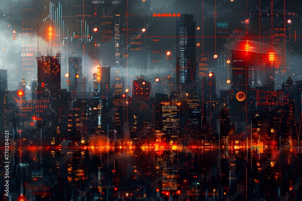 Striking Futuristic Cityscape with Stylized Financial Data Visualization and Innovative Fintech Atmosphere