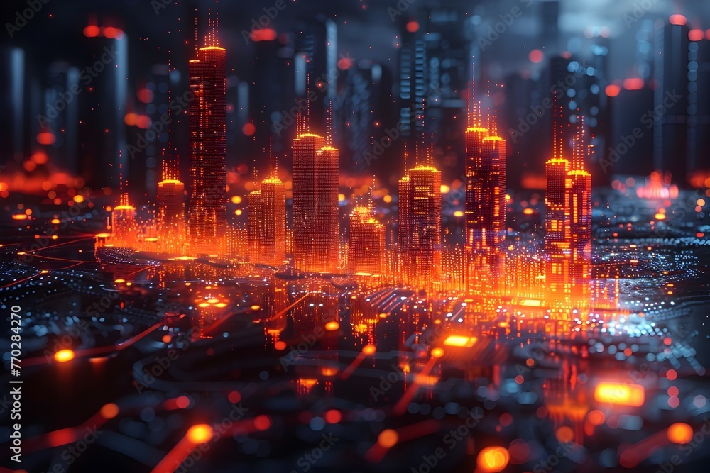 Fototapeta premium Vibrant Pixel Art Skyline with Glowing Fintech Data Visualizations and Candle Chart Displays