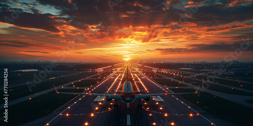 Airplane prepares for takeoff at dawn with a stunning sunrise illuminating the airport runway.