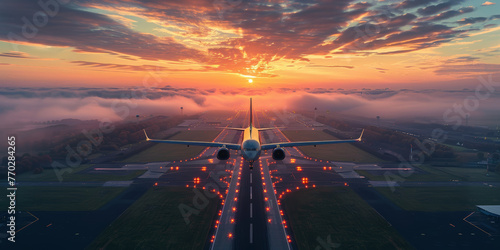 Airplane on runway heading into a breathtaking sunrise above the clouds. photo