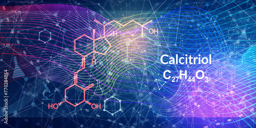 Calcitriol, chemical structure and skeletal formula. The active form of vitamin D, made in the kidney, also a medication for the treatment of low blood calcium.