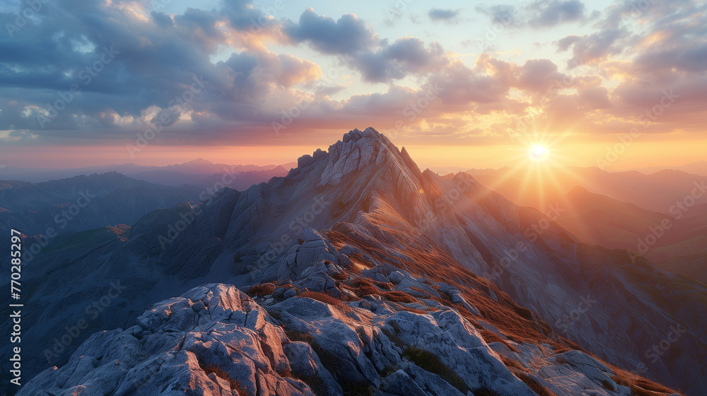 Rugged mountain summit kissed by the gentle light of a breathtaking sunrise