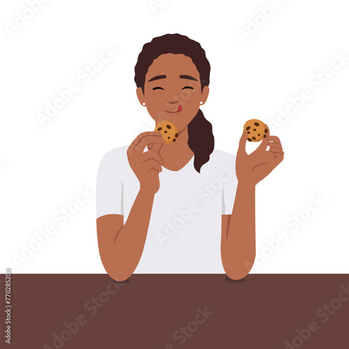 Woman having breakfast eating cookies, people activity, daily routine. Flat vector illustration isolated on white background
