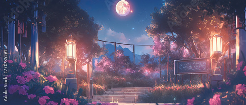 anime scenery of a garden with a stairway leading to a full moon