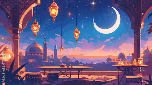 Night city with bright moon Ramadan  Muslim  anime art background